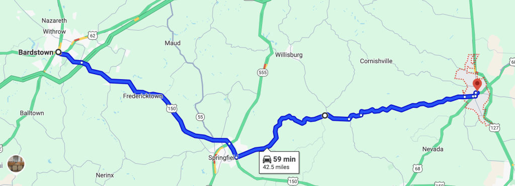 Map from Bardstown to Harrodsburg