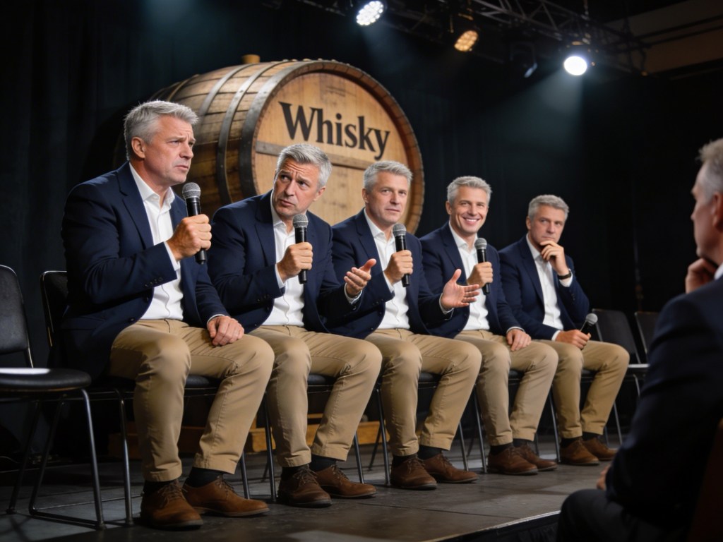 A panel of five men in navy blazers and khaki pants speaking into microphones at an event, with a large wooden whisky barrel in the background.