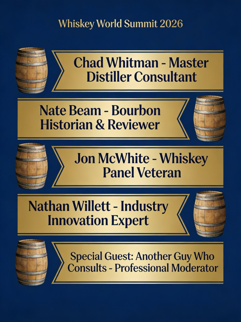 A promotional image for the Whiskey World Summit 2026 featuring the names and titles of speakers, including Chad Whitman, Nate Beam, Jon McWhite, Nathan Willett, and a special guest. Background includes whiskey barrels.